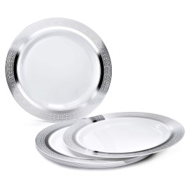 " OCCASIONS " 720 Pcs set (120 guest) Wedding Disposable Plastic Plate and Silverware Combo 10.5" + 7.5" + Silverware (Double Fork) (Palace in White & Silver, Silver Silverware)
