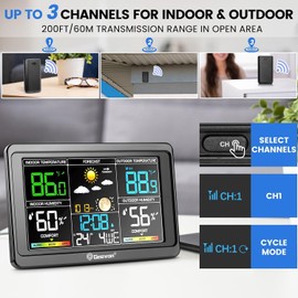Geevon Weather Station Wireless Indoor Outdoor Thermometer, Color Display Digital Weather Thermometer with Barometer, USB Charging Port and Adjustable Backlight (Weather Station with 1 Sensor)