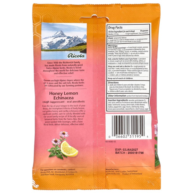 Ricola HoneyLemon with Echinacea Cough Suppressant Throat Drops, 19 Count