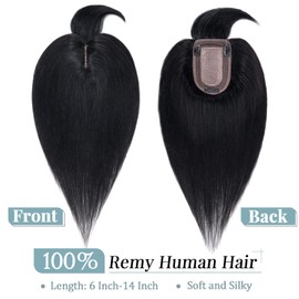 TESS Hair Toppers for Women Real Human Hair, 150% Density 7 * 13 CM Silk Base Clip in Extension Top Wiglet, Remy Hair Pieces for Slight Hair Loss Cover/Thin Hair/Gray Hair (12 Inch, Jet Black #01)