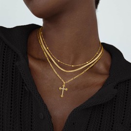 JIKASI Cross Necklace for Women, 14K Gold Plated Stackable Layered Necklaces Herringbone Snake Cuban Figaro Rope Satellite Chain Necklace Cross Pendant CZ Diamond Simple Jewelry Gift