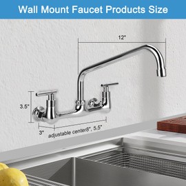 KWODE 8”Center Wall Mount Kitchen Faucet, 2 Handles Commercial Sink Faucet with 12” Swivel Spout for Laundry Room Restaurant Utility Compartment Sinks, Brass, Chrome Polished
