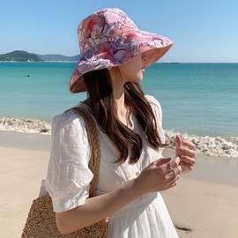 HUAMULAN Women Wide Brim Summer Sun Hat Wired Edge Floral Beach Bucket Hats Reversible Foldable Fishing Travel UV Protection