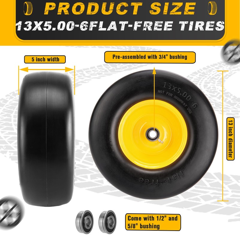 13x5.00-6 Flat Free Tire and Wheel Lawn Mower Tires, 13x5.0-6
