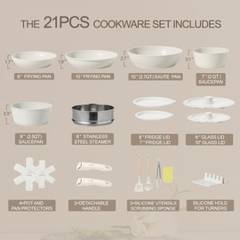 BECIGAR 21PCS Nonstick Ceramic Pots and Pans, Ceramic Cookware with Detachable Handle, RV Kitchen Cookware Set, Cookware Set Removable Handles, Oven Safe, Stackable Non Stick Ceramic Cookware Set