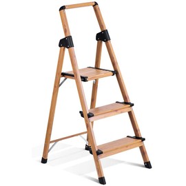 ACSTEP Step Ladder 3 Step Folding - Aluminum Lightweight Step Stools for Adults - Stepping Foldable Ladder with Anti-Slip Sturdy Wide Pedal 330 Lbs Capacity Woodgrain Ladder for Home Kitchen,Brown