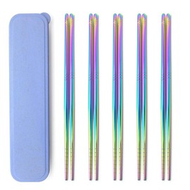 5 Pairs Rainbow 304 Stainless Steel Chopsticks Polished Multicolor Reusable Chopsticks, Dishwasher-Safe, Non-Slip, Metal Square Chopsticks Set with Case as Present Gift Fit Kitchen Dinner (Round)
