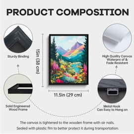 Framed Canvas Wall Art for Living room Bedroom - Colorful Landscape Wall Decor with Wildflowers and Lake Mountain View - 12x16 Inch Modern Nature Artwork Print