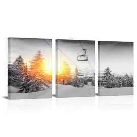 YeiLnm 3 Piece Winter Canvas Wall Art Black White Ski Lift Pictures Snowborads at Sunset Cable Car HD Paintings Snow Mountain Landscape Prints Artwork for Living Room Bedroom Decoration