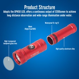 Scuba Diving Flashlight Dive Lights Torch 1200 Lumen Underwater 100m LED Lights Holder with Waterproof Rechargeable Battery Professional Submersible Light for Submarine Deep Sea Cave at Night