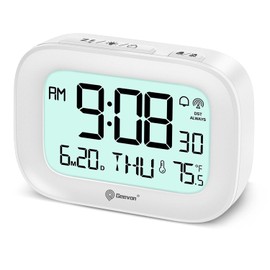 Geevon Alarm Clock for Bedroom, Small Digital Atomic Clock for Heavy Sleepers, Portable Battery Operated Travel Desk Clock with 10s Backlight, Temperature, 3 Inch Display, White