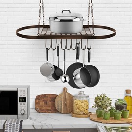 Sorbus® Pot and Pan Rack for Ceiling with Hooks — Decorative Oval Mounted Storage Rack — Multi-Purpose Organizer for Home, Restaurant, Kitchen Cookware, Utensils, Books, Household (Hanging Bronze)