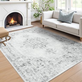 Area Rug 5x7, Washable Rug for Living Room, Large Area Rugs for Bedroom, Vintage Rug 8x10 for Dining Room, Non Slip Soft Low Pile Indoor Carpet for Kitchen, Dining Room, Office, Farmhouse, Light Grey