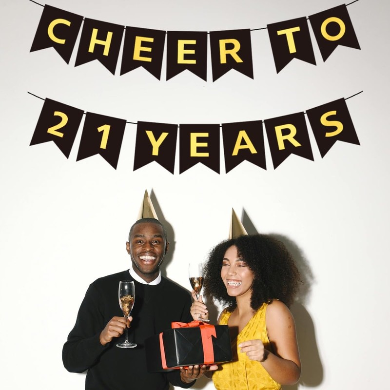 CHEERS TO 21 YEARS Banner, Pre-Strung, Black Gold 21st Birthday