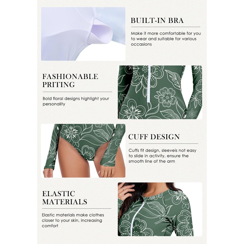 Durio Rash Guard Long Sleeve One Piece Swimsuits for Women