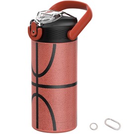 MYFOREST 400ml/14oz Insulated Kids Water Bottle, Surgical Grade Steel, Dishwasher-Safe, Name Badge, Handle, Carabiner, 3D Touch Pattern, Pendant Toy (400 ml, Basketball)