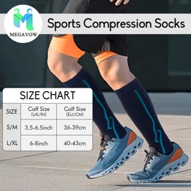 MEGAVOW 1 Pair Compression Socks, Sport Knee High Circulation Support Socks, Graduated Compression Stockings Athletic Fit for Running Cycling, Travelling Flight, Nurses, Pregnancy, S/M, Navyblue