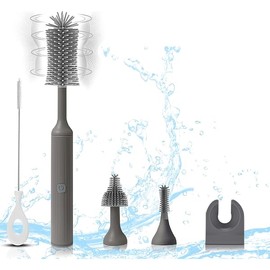 Electric Baby Bottle Brush Set with Rechargeable Electric Bottle Brush Cleaner and Replaceable Silicone Bottle Brushes and Straw Brush Cleaner, Waterproof Multi-Purpose Cleaning Brush（Grey）