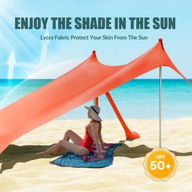 Gardentime Beach Tent Canopy Sun Shelter 10x10ft UPF50+ Protection Portable Sun Shade Tent with 8 Sandbags, 4 Poles, 2 Sand Shovels, Ground Peg for Outdoor Backyard Camping Fishing Picnic Orange