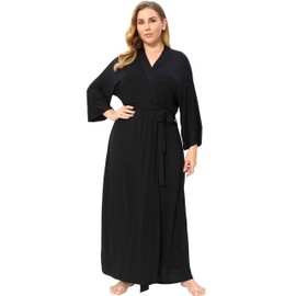 Corset Outlet Women's Plus Size Cotton Kimono Robes Soft Long Knit Bathrobes Lightweight Sleepwear V-Neck Ladies Loungewear, Black 1X