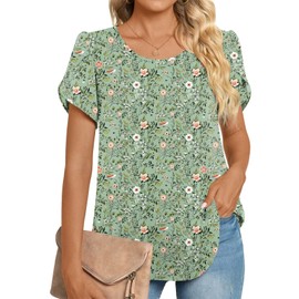 HOTGIFT Women's Spring Casual Round Neck Basic Shirts Petal Short Sleeve Chiffon Work Tee Tops Green Flowers Large