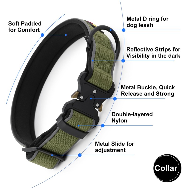 Plutus Pet Tactical Dog Collar, Reflective, Adjustable Heavy Duty Dog