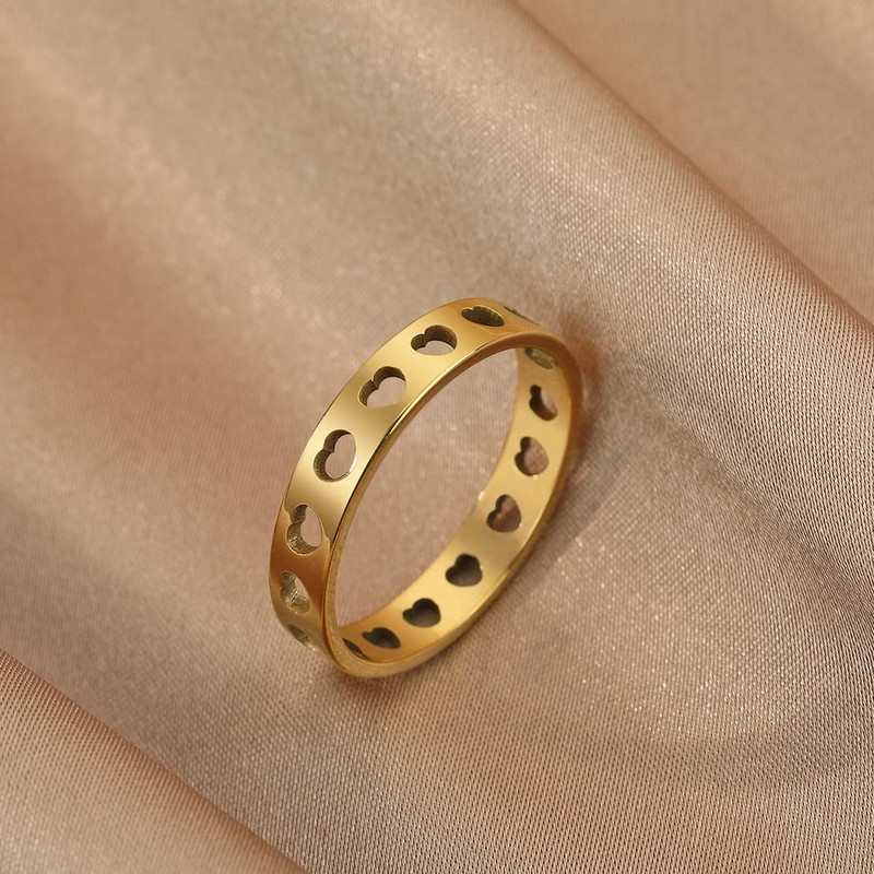 LUTAKU Stainless Steel Hollow Heart Ring Women Girls Simple Band