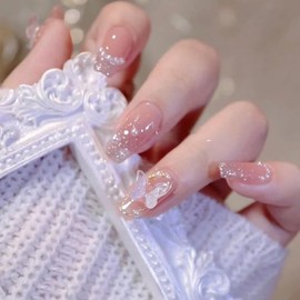 Nail Tips, Long, Fake Nails, 24 Pieces, Glittery, Glossy, 3D, Korean, Popular, Stylish, Gel Nails, Nail Stickers, Cute, Long, Bridal Nails, Handmade Nail Tips, Double-Sided Tape, Butterfly, 3D Fake