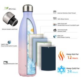 Konokyo Insulated Water Bottles,25 oz Double Wall Stainless Steel Vacumm Metal Flask for Sports Travel,Pastel Sunset