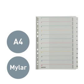 Leitz Register für A4, Laminiertes Deckblatt und 12 Trennblätter mit Zahlenaufdruck 1-12, Lochrand und Taben folienverstärkt, Überbreite, Grau, Karton, 43320000