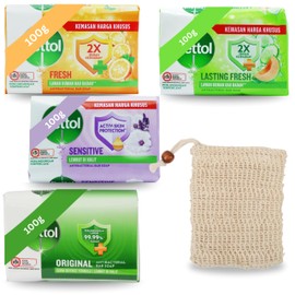Antibacterial Soap Bundle with 4 pack soap bars - Sensitive, Fresh, Original and Lasting Fresh (100g each) and Glameno Soap Pouch Saver Exfoliator