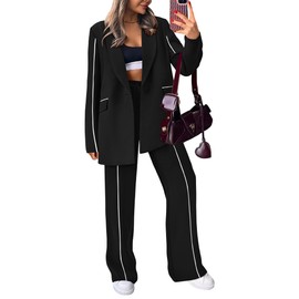 PRETTYGARDEN Women's Fall Spring 2 Piece Blazer Outfits Business Casual Oversized Jacket Wide Leg Work Pants Dressy Suit Set (Black,Small)