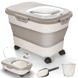 SSAWcasa Rice Storage Container, 20-30Lbs Airtight Large Food Storage Containers with Wheels, Scoop & Measuring Cup, Collapsible Kitchen Flour Bin, Dry Food Storage Holder for Rice Pet Food