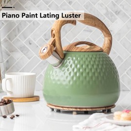 Stainless Steel Teapot with Wood Grain Handle, 2.8L Whistling Kettle Suitable for Gas Stove Induction Cooker Durable (Green)