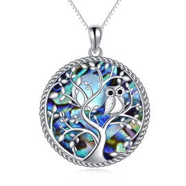 KQF Owl Necklace for Women Sterling Silver Moonstone Life of Tree Pendant Necklace Owl Jewelry Gifts for Women