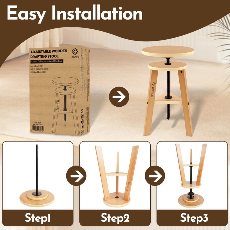 conda Adjustable Height Wooden Drafting Stool 19" to 26", Beech