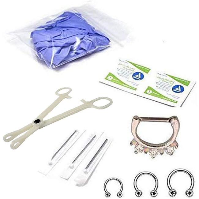 BodyJewelryOnline 10-Pcs Septum Piercing Kit - Horseshoe Circular, Septum, Needle, Forceps, Gloves