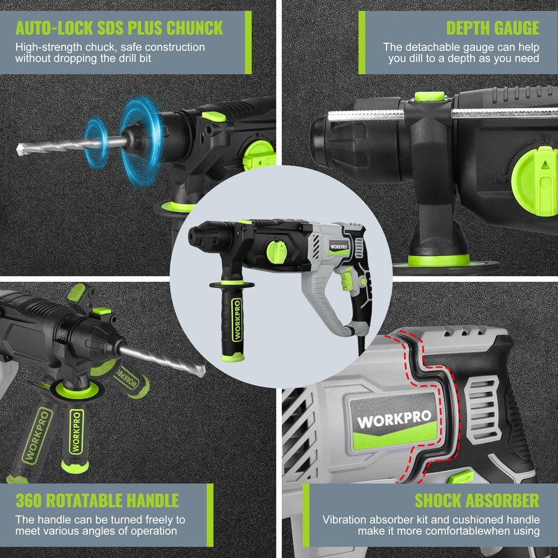 WORKPRO 1-1/4 Inch SDS-Plus Rotary Hammer Drill, 7.5AMP, Lightweight Corded