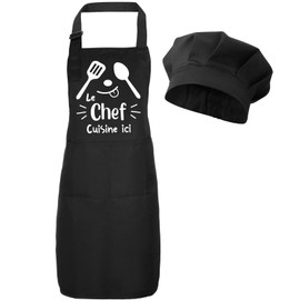 Halinuia Grembiule per bambini e cappello da chef, regolabile su misura grembiule e cappello per cucina e pasticceria con tasca, grembiule e cappello da chef per ragazze ragazzi, Nero , 44 x 60 cm