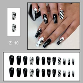 Christmas Press on Nails Medium Coffin Fake Nails with Black White Stripes Designs Snowflake Glue on Nails Glossy Reusable Winter Xmas False Nails for Women Girls Holiday Manicure 24pcs