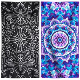 2 Packs Microfiber Lightweight Thin Beach Towel Compact Quick Dry Clearance Towels Sand Free Camping Swim Pool Travel Essentials Accessories Vacation Women Men Adults Bohe Black Flower Purple Flower