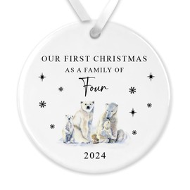 "Our First Christmas as a Family of Four" Watercolour Polar Bear Design Ceramic Bauble: 7.5cm Ornament - Ideal New Parents and Siblings' First Christmas Gift