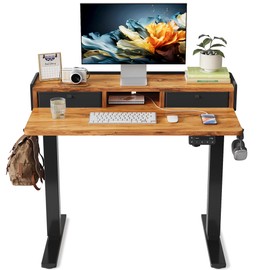 YIHAYO Electric Standing Desk with Drawers, 40 x 24 Inches Adjustable Desk with Storage Shelf, Stand Up Desk with Splice Board, Computer Table for Home Office, Black Frame/Rustic Brown Top