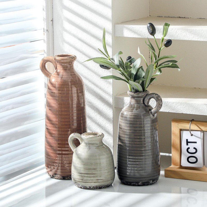 Ceramic Vases Set of 3, Neutral Rustic Farmhouse Vase with