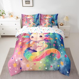 Feelyou Kids Cute Axolotl 7 Pieces Bedding Set Full Size, Cartoon Animal Bed in A Bag Boys Girls Kawaii Ocean Sealife Comforter Set with Sheets Rainbow Teens Bed Set Bedroom Decor 7Pcs