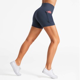 Dragon Fit Pantalones cortos de yoga de cintura alta para mujer con 2 bolsillos laterales para control de barriga, para correr en casa y entrenar, Azul tinta, XL