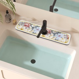 FerdY 2PCS Splash Guard for Sink Faucet, 15"×3.9" Absorbent Fast Drying Mat Sink Gadgets. Pad Behind Faucet Drip Catcher for Kitchen, Bathroom, Bar. Washable, spillproof and easy care, Flower Pattern