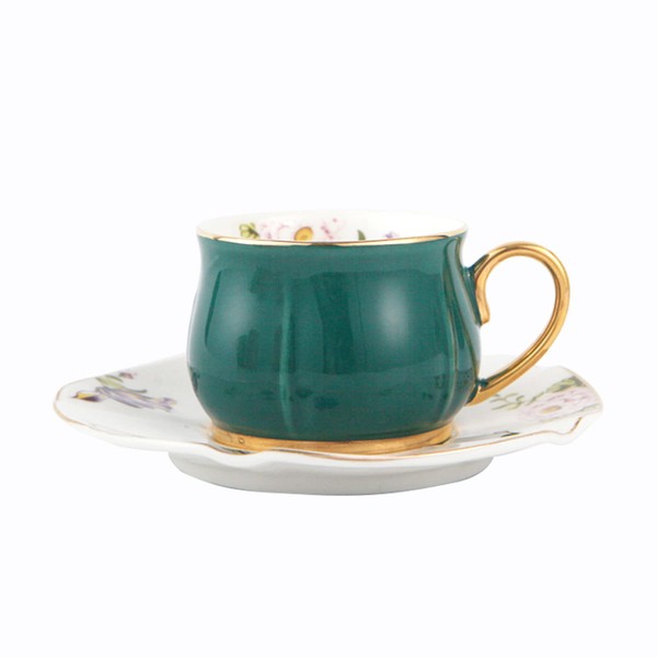 fanquare Green Coffee Cup and Saucer Set, Flower Porcelain Tea Cup Set, Vintage Coffee Cup with Gold Rim