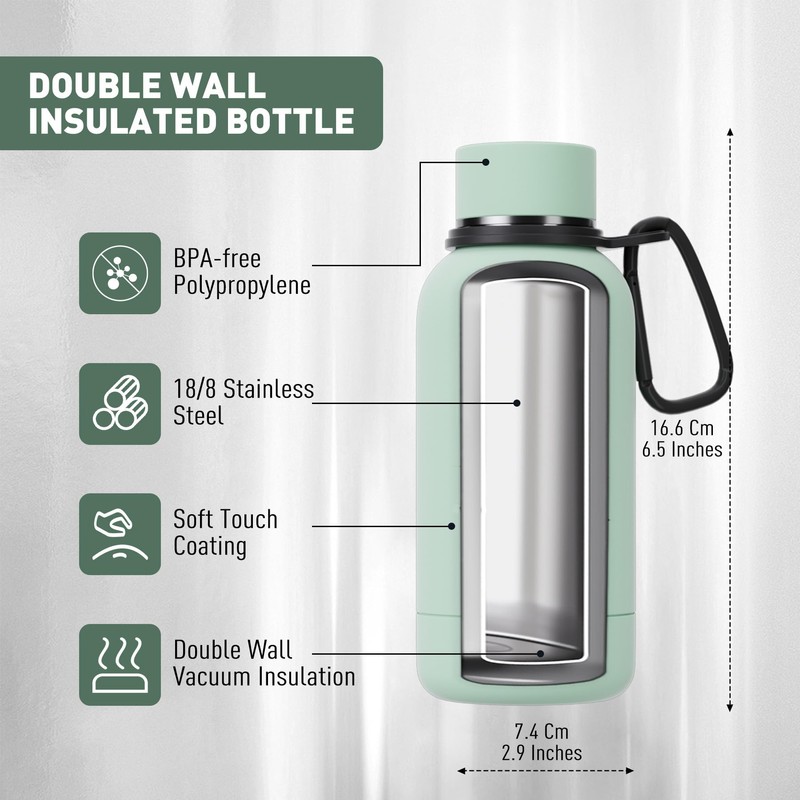 Exllena Small Water Bottle 12oz with Clip, Double Wall Stainless