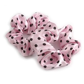 Pack Of 2 Pastel Pink/Black Polka Dot Silk Hair Scrunchies - Medium Thickness Hair